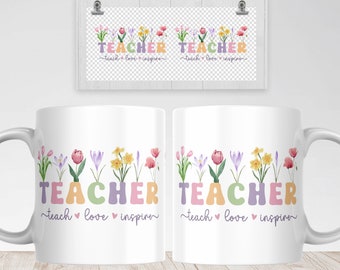 Tech Love Inspire Mug Sublimation PNG File. Teacher Floral Mug PNG, Teacher Mug PNG, Teacher Gift Mug, Teacher Appreciation Transfer Wrap.