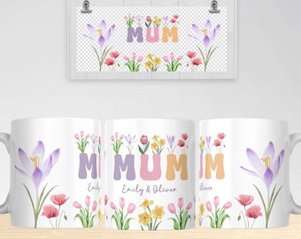 Mum Floral Mug Sublimation PNG, Custom Kids Names, Mother's Day Gift (Digital Download)