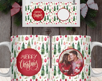 Christmas Personalized Photo Mug Design for Sublimation and Transfer. Merry Christmas Photo Template Mug PNG, Instant Download, Wrap Mug PNG