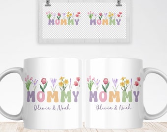 Mommy Floral Mug Sublimation PNG File. Custom Kids Names Mug PNG, Mother Gift Mug, Mom Wildflowers Mug PNG, Coffee Mug Wrap Instant Download