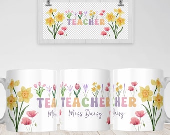 Teacher Mug Sublimation PNG File, Vintage Floral Mug PNG, Teacher Name Personalized Mug PNG, Teacher Gift Mug, Teacher Wildflowers Mug Png.