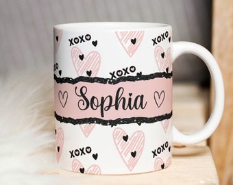 Personalized Love and Friendship Sublimation Mug PNG, XOXO Heart Pattern Mug 11oz | 15oz - High-Resolution Transparent PNG, Instant Download
