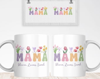 Mama Floral Mug Sublimation PNG File. Custom Kids Names Mug PNG, Mother Gift Mug, Mom Wildflowers Mug PNG, Coffee Mug Wrap Instant Download