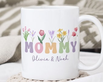 Mommy Floral Mug Sublimation PNG File. Custom Kids Names Mug PNG, Mother Gift Mug, Mom Wildflowers Mug PNG, Coffee Mug Wrap Instant Download