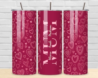 Mum Tumbler Sublimation PNG, Mom Heart Pattern Tumbler, Tumbler Transfer Wrap 20 oz, Mum Split Name Frame Tumbler PNG, Digital Download.