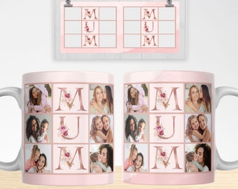 MUM Floral Photo Grid Mug Design. Mother Sublimation Digital Paper. Mom Pattern for Transfers 11oz | 15oz - High-Resolution Transparent PNG.
