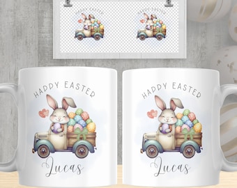 Easter Bunny Personalized Mug Design PNG, Bunny Truck Watercolor Mug, Easter Eggs Truck Sublimation Mug PNG, Transfer Wrap Instant Download.