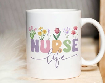 Nurse Life Mug Sublimation PNG, Vintage Floral Mug PNG, Mug Template 11oz & 15oz, Nurse Appreciation Gift, Nurse Wildflowers Transfer Wrap.