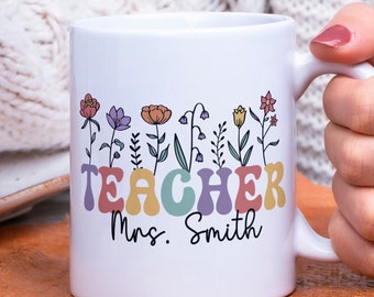 Teacher Mug Sublimation PNG File, Vintage Floral Mug PNG, Teacher Name Personalized Mug PNG, Teacher Gift Mug, Teacher Wildflowers Mug Png.