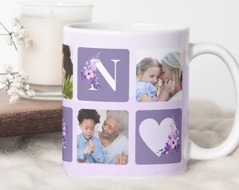 Nan Photo Grid Floral Mug PNG, Grandmother Sublimation Digital Paper, Grandma Custom Photo Mug Gift, Nanny Heart Mug Transfer Wrap PNG.