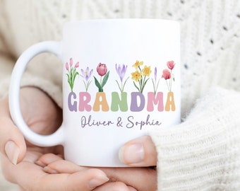 Grandma Mug Sublimation PNG, Floral Add Your Text Mug, Custom Grandkids Names PNG Mug, Wildflowers Mug, Coffee Mug Wrap Instant Download.