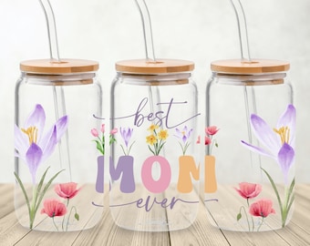 Best Mom Ever Glass Can PNG, 16oz Glass Can Sublimation Design, Mom Floral Libbey Glass Wrap, Mom Libby Glass Wrap PNG, Mama Frosted Glass.