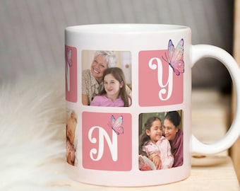 May include: White ceramic mug with a pink background and four squares. Each square features a photo of two people, a butterfly, and a letter. The letters spell out "NY" in pink.