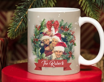 Christmas Personalized Photo Mug Design, Custom Family Xmas Photo Sublimation Template Mug PNG, Instant Download, Wrap and Transfer Mug PNG.