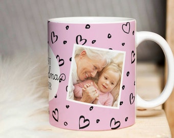 Best Grandma Ever Photo Mug PNG, Grandmother Sublimation Digital Paper, Grandma Custom Photo Mug Gift, Heart Pattern Mug Transfer Wrap PNG.