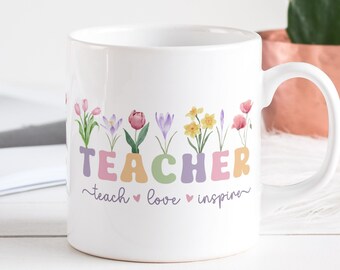 Tech Love Inspire Mug Sublimation PNG File. Teacher Floral Mug PNG, Teacher Mug PNG, Teacher Gift Mug, Teacher Appreciation Transfer Wrap.