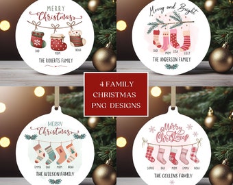 Family Socks Christmas Ornament Bundle, Round Xmas Ornament Sublimation PNG, Instant Digital Download, Personalized Family Ornament Designs.