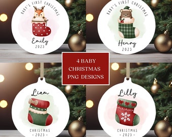 Baby's Christmas Ornament Bundle, Baby 1st Xmas Round Ornament Sublimation PNG, Instant Digital Download, Personalized Baby Ornament Designs