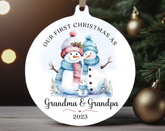 First Christmas as Grandma & Grandpa Ornament, Christmas Round Ornament, Snowman Family Xmas Sublimation Ornament PNG, Instant Download.