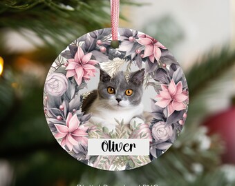 Enfeite de Natal personalizado com foto do seu animal de estimação, design floral em PNG (Download digital)