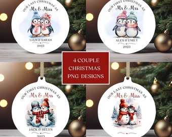 Couple Christmas Ornament Bundle, Round Ornament Sublimation PNG, Instant Digital Download, Personalized Couple Ornament PNG Designs.