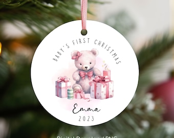 Personalized Baby's 1st Christmas Ornament, Cute Baby Bear PNG Instant Download, Christmas Sublimation Ornament, PNG Wrap Transfers Design.