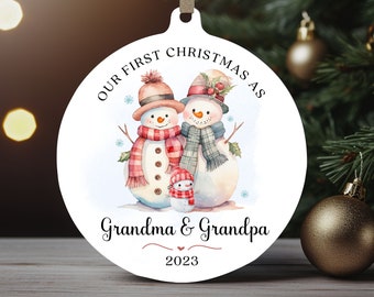 First Christmas as Grandma & Grandpa Ornament, Christmas Round Ornament, Snowman Family Xmas Sublimation Ornament PNG, Instant Download.