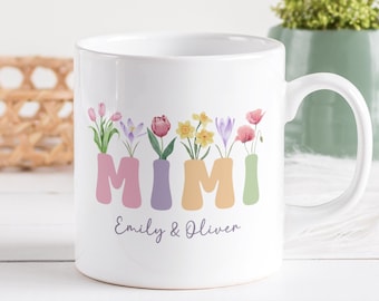 Mimi Mug Sublimation PNG, Floral Add Your Text Mug, Custom Grandkids Names PNG Mug, Mimi Wildflowers Mug, Grandma Mug Wrap Instant Download.