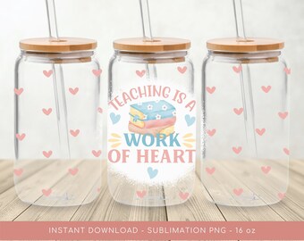 Teacher Libbey Glass Can Wrap Design, Books & Hearts (PNG Digital Download)