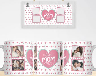 Puede incluir: Taza de sublimación blanca con un diseño de corazón rosa y el texto "mejor mamá del mundo". La taza tiene cuatro espacios para fotos con imágenes de una madre y sus hijos.