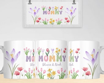 Mommy Floral Mug PNG, Custom Kids Names, Sublimation Design (Digital Download)