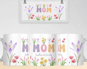 Mom Floral Mug PNG File, Custom Kids Names, Coffee Mug Wrap (Digital Download)