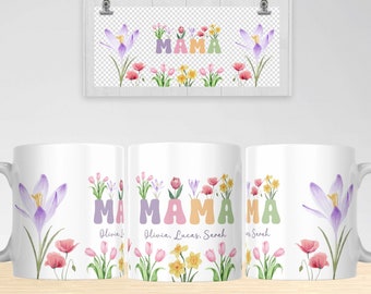 Mama Floral Mug Sublimation PNG, Custom Names, Mother's Day Gift (Digital Download)
