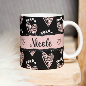 Personalized Love and Friendship Sublimation Mug PNG, XOXO Heart Pattern Mug 11oz | 15oz - High-Resolution Transparent PNG, Instant Download