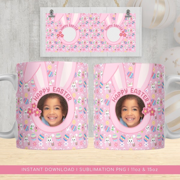 Happy Easter Bunny Photo Mug PNG, Easter Eggs Pattern Sublimation, Bunny Ears Photo Frame, Transfer Wrap Easter Pattern, Instant Download.