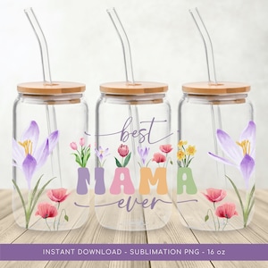 May include: Three clear glass tumblers with bamboo lids and curved glass straws. Each tumbler features the words "best MAMA ever" in colorful letters, with floral designs. The tumblers are 16 oz.