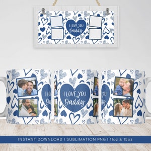 Tazza con foto di papà in formato PNG per sublimazione, tazza con stampa PNG "Ti amo papà", tazza con motivo a cuore per papà, tazza regalo per la festa del papà, download digitale.