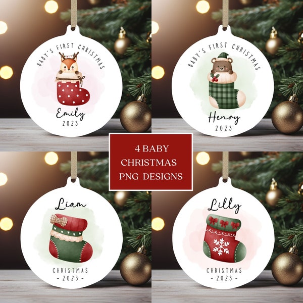 Baby's Christmas Ornament Bundle, Baby 1st Xmas Round Ornament Sublimation PNG, Instant Digital Download, Personalized Baby Ornament Designs