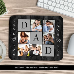 Peut inclure: Un design de sublimation noir et blanc pour un tapis de souris avec un collage de photos de pères et d'enfants avec les mots "LOVE YOU DAD" en colonne verticale sur les côtés gauche et droit du design.
