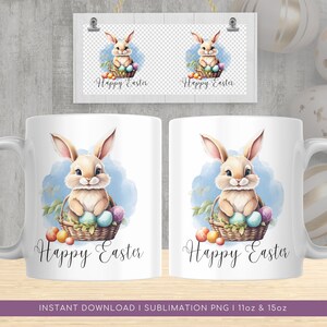 Osterhase personalisierte Tasse Design PNG, süße Baby Hase Aquarell Tasse, Frohe Ostern Sublimationstasse PNG, Transfer Wrap Sofortiger Download.