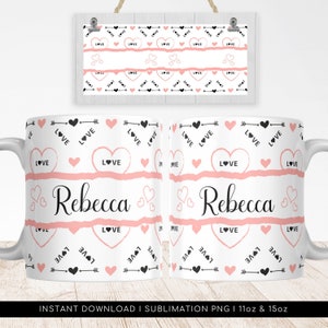 Personalized Love and Friendship Sublimation Mug PNG, Love Heart Pattern Mug 11oz | 15oz - High-Resolution Transparent PNG, Instant Download