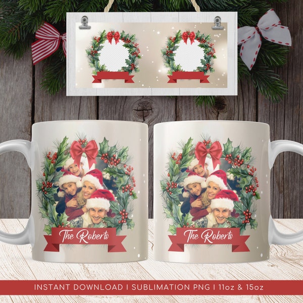 Christmas Personalized Photo Mug Design, Custom Family Xmas Photo Sublimation Template Mug PNG, Instant Download, Wrap and Transfer Mug PNG.