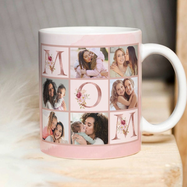 MOM Floral Photo Grid Mug Design. Mother Sublimation Digital Paper. Mom Pattern for Transfers 11oz | 15oz - High-Resolution Transparent PNG.