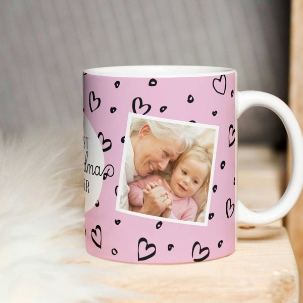 Best Grandma Ever Photo Mug PNG, Grandmother Sublimation Digital Paper, Grandma Custom Photo Mug Gift, Heart Pattern Mug Transfer Wrap PNG.