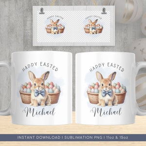 Tazza personalizzata con disegno coniglietto pasquale in formato PNG, tazza acquerello con coniglietto carino, tazza per sublimazione di buona Pasqua in formato PNG, download immediato con trasferimento termico.