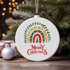 Ornement de Noël rond, téléchargement immédiat PNG de Noël arc-en-ciel, téléchargements de motifs par sublimation, conception de transferts d'emballage-haute résolution.
