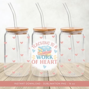 Teacher Libbey Glass Can Wrap Design, Books & Hearts (PNG Digital Download)