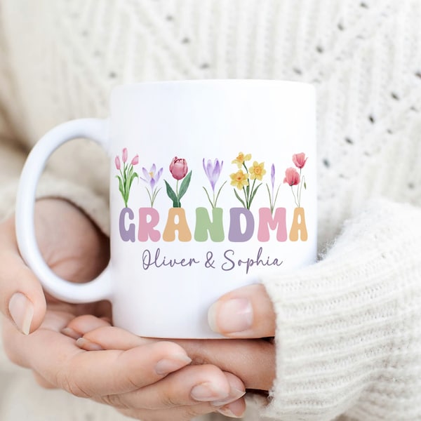 Grandma Mug Sublimation PNG, Floral Add Your Text Mug, Custom Grandkids Names PNG Mug, Wildflowers Mug, Coffee Mug Wrap Instant Download.