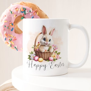Tazza personalizzata con disegno coniglietto pasquale in formato PNG, tazza acquerello con coniglietto carino, tazza per sublimazione di buona Pasqua in formato PNG, download immediato con trasferimento termico.
