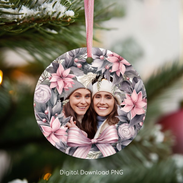 Personalized Photo Christmas Round Ornament PNG, Christmas Gift Ornament, Vintage Xmas Wreath Sublimation Photo Template, Instant Download.